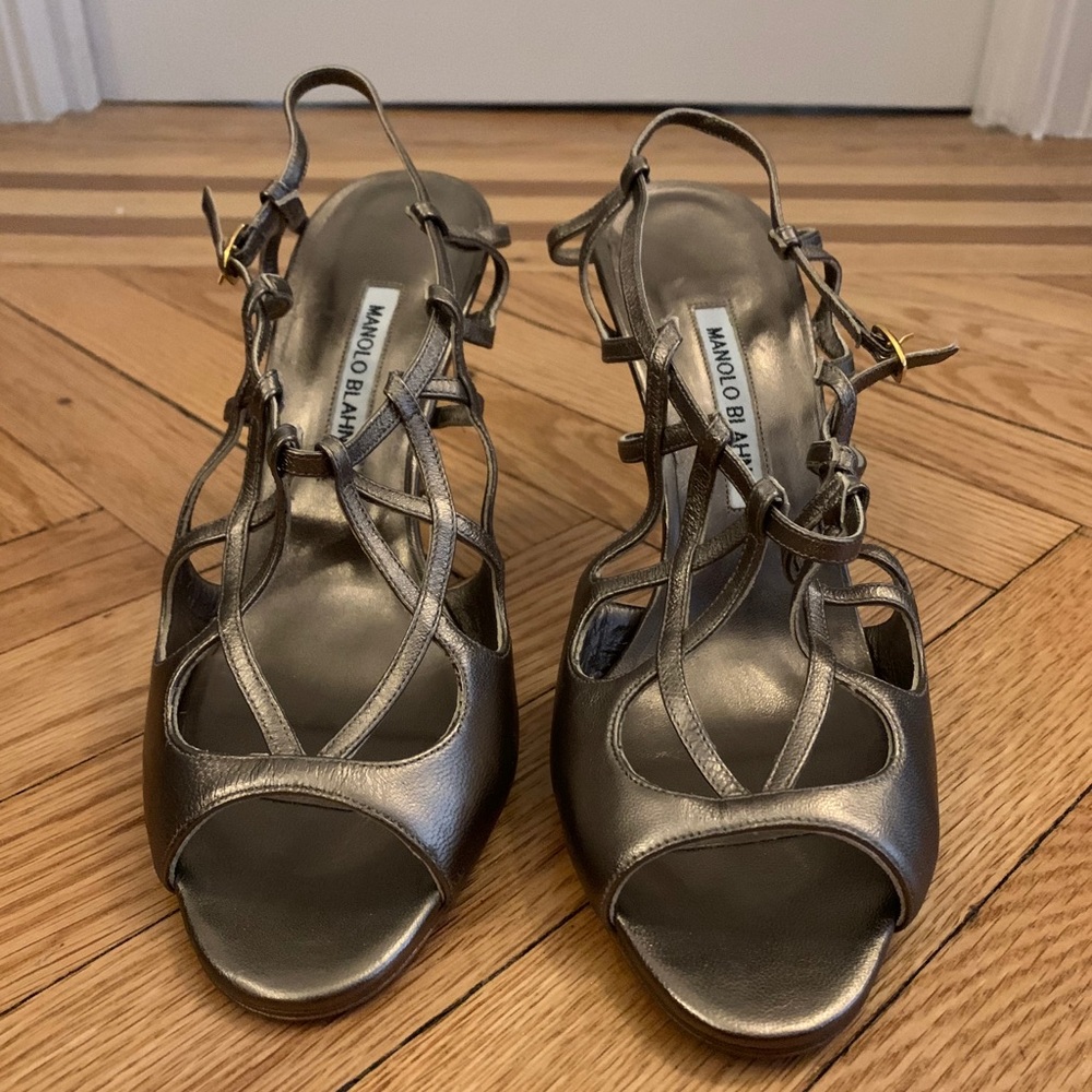 Manolo Blahnik Gunmetal Strappy Sandal Heels